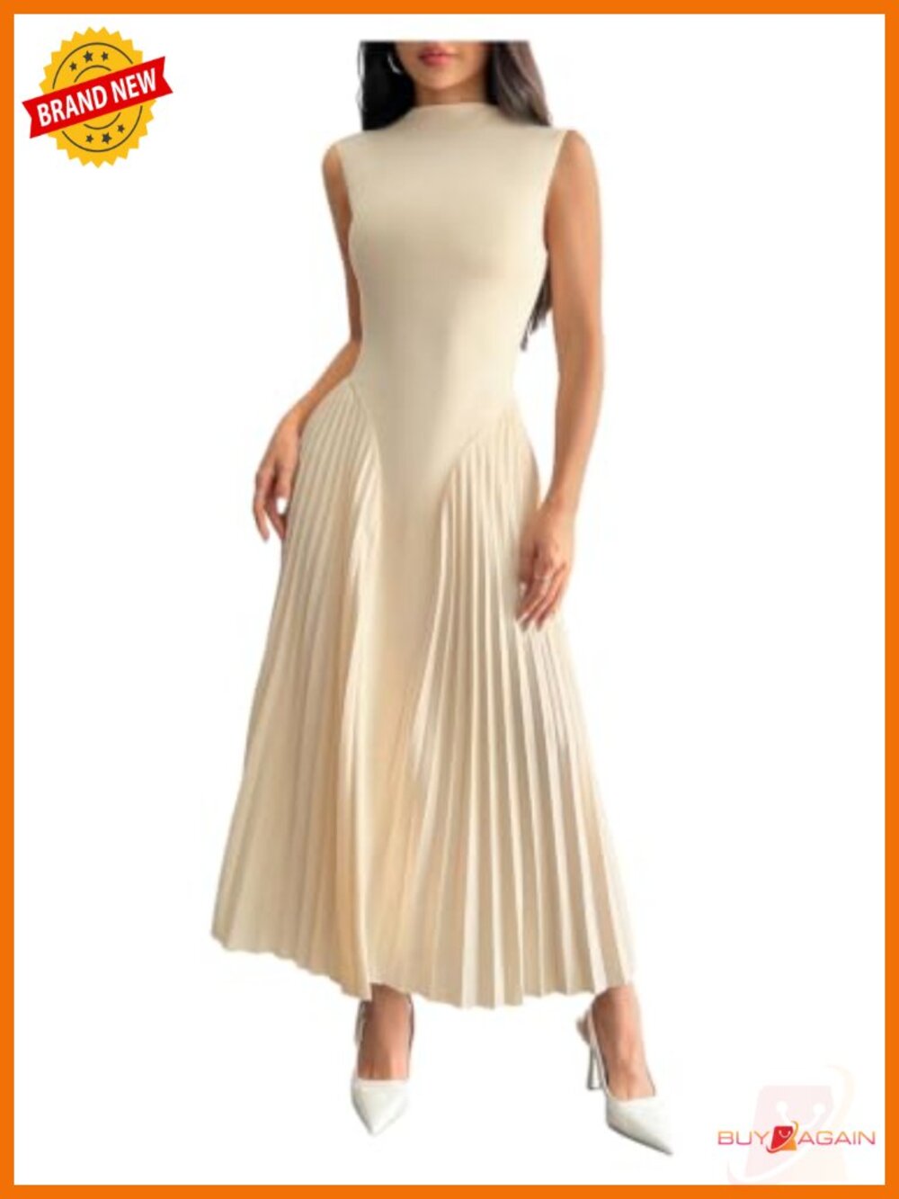 Pleated Drop Waist A-Line Maxi Dress Sleeveless Mock Neck Wedding Guest